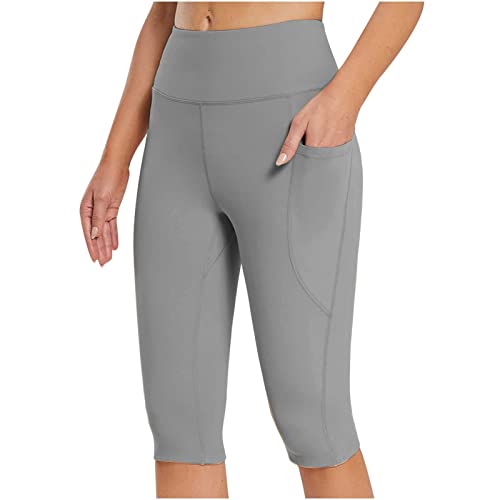 Women's Grey Tummy Control Yoga Shorts High Waist Leggings Stretch Volleyball Capris