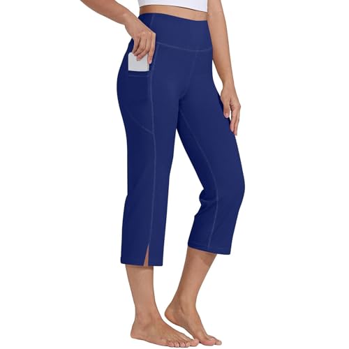 Women's Dressy Casual Soft High-Waisted Tummy-Control Capri Leggings with Pockets