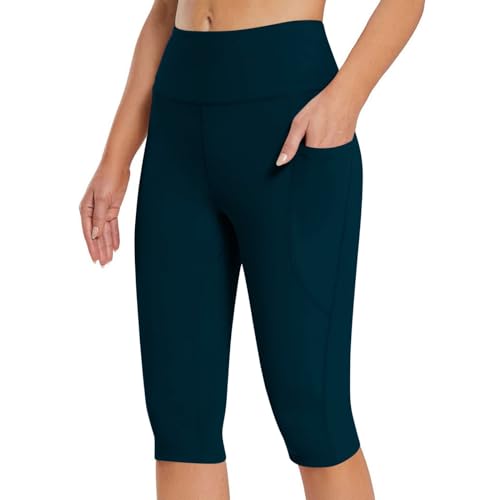 High-Waist Women's Tummy Control Yoga Shorts Dark Blue 4 Way Stretch Leggings