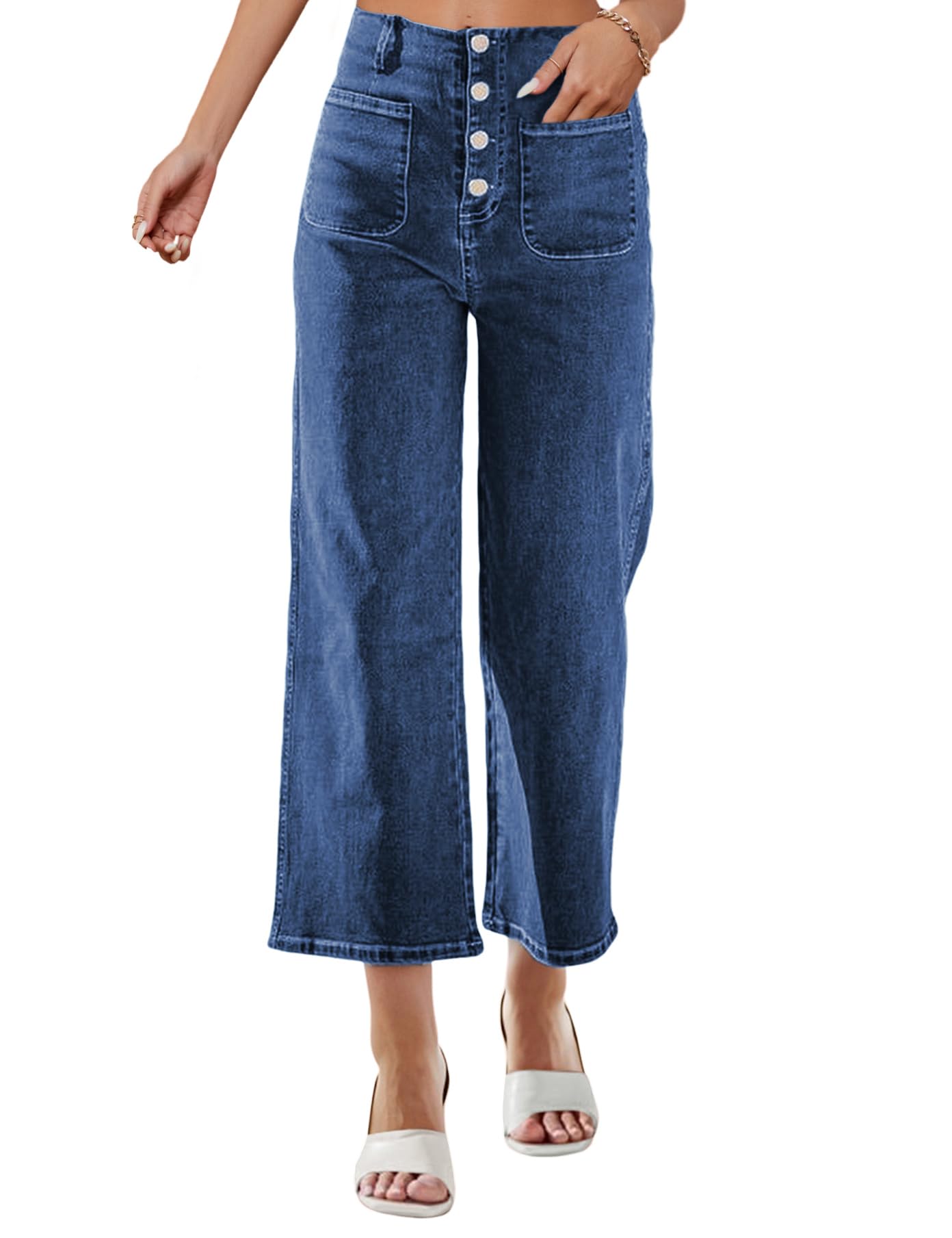 Omoone High Waisted Stretch Cropped Jeans for Women with Patch Pockets