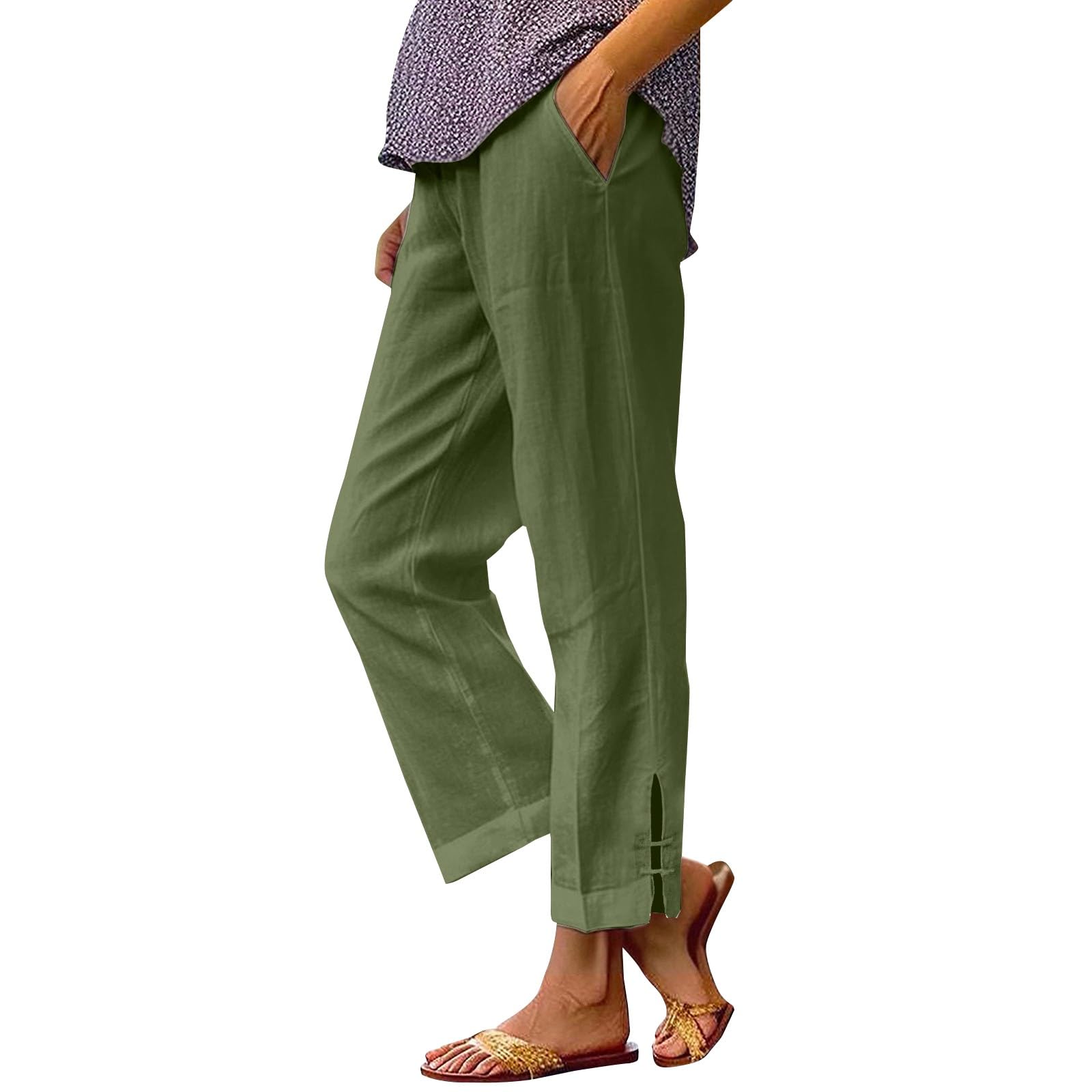 2025 Summer Wide Leg Smocked Waist Linen Pants with Ruffle HemPocket