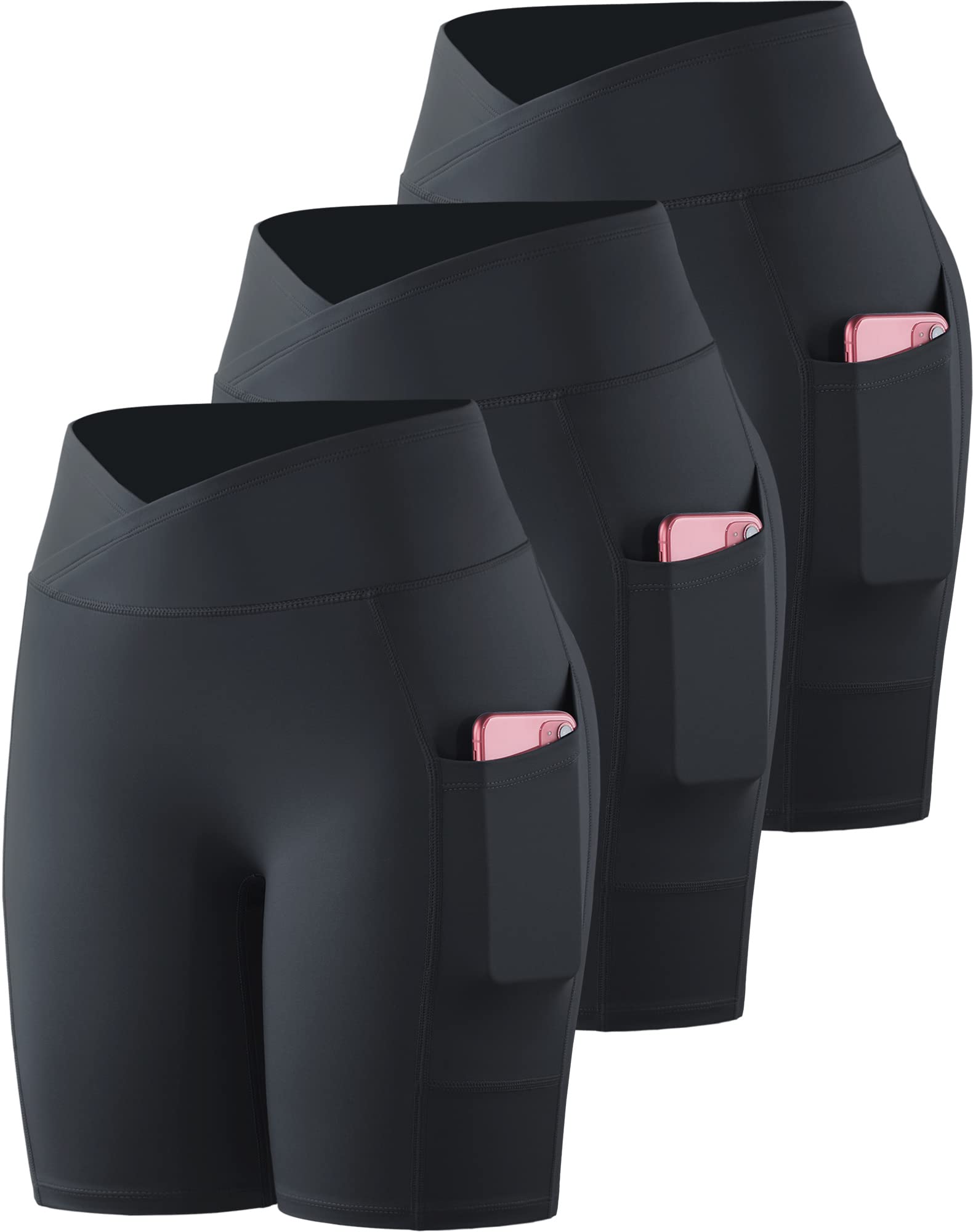 3 Pack High-Waist Biker Shorts with Pockets for Women
