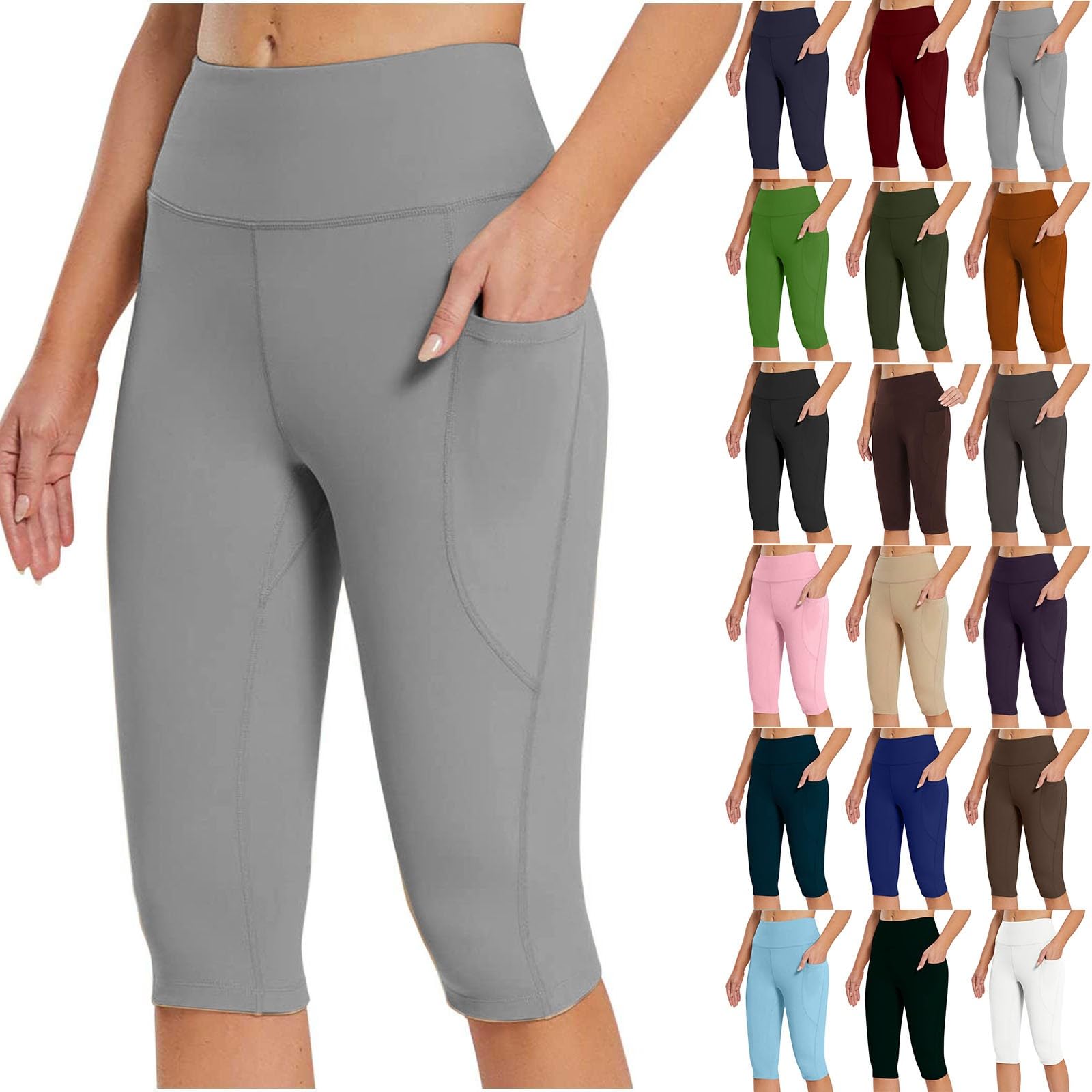 Women's Grey Tummy Control Yoga Shorts High Waist Leggings Stretch Volleyball Capris
